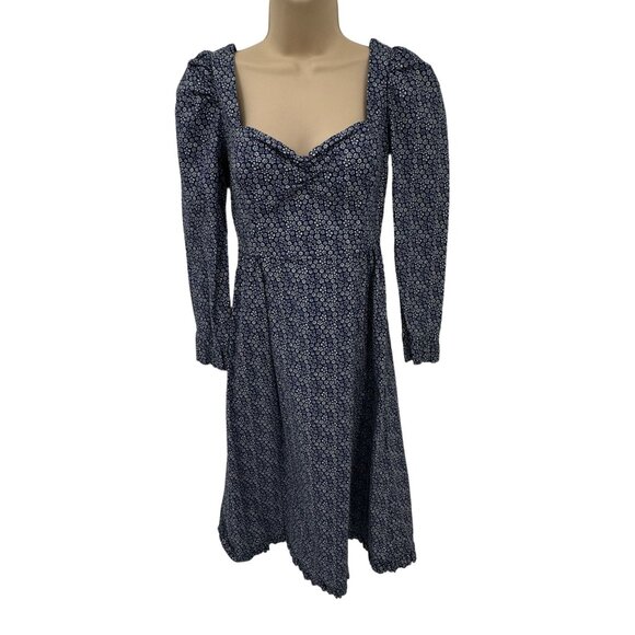 Wilfred Dress‎ Womens 0 Blue White Floral Cotton Smocked Waist Zip Back Ruffle - Picture 1 of 10